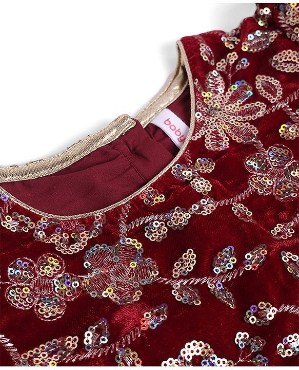 Babyhug Georgette Woven Three Fourth Sleeves Kurti, Palazzo and Dupatta with Floral Sequins in Maroon