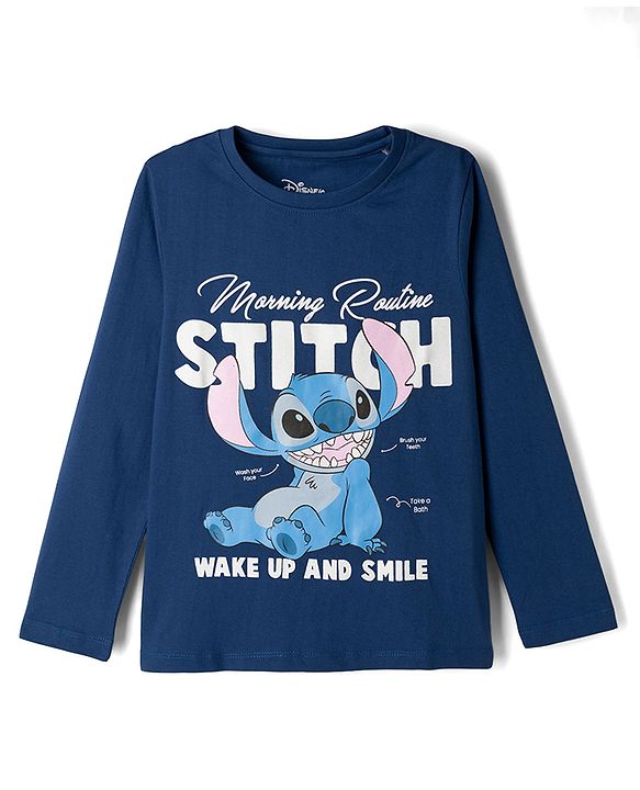 Pine Kids Disney Knit Full Sleeves T-Shirt & Pyjama Night Suit With Stitch Graphic - Navy Blue
