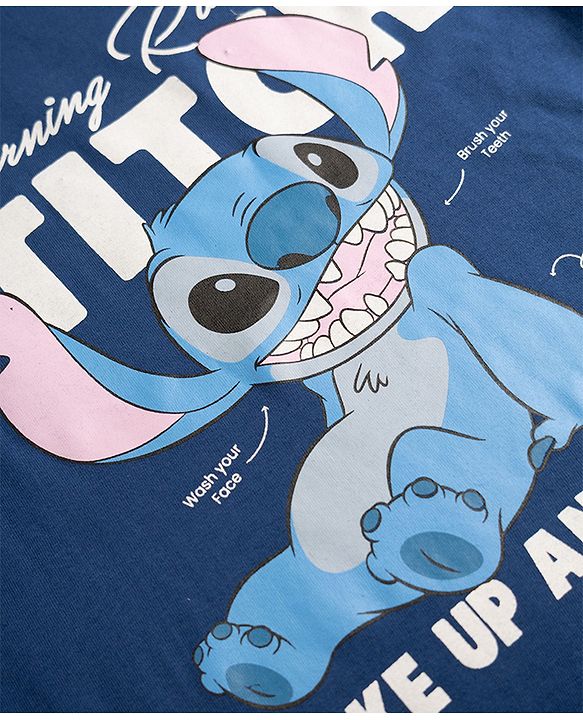 Pine Kids Disney Knit Full Sleeves T-Shirt & Pyjama Night Suit With Stitch Graphic - Navy Blue