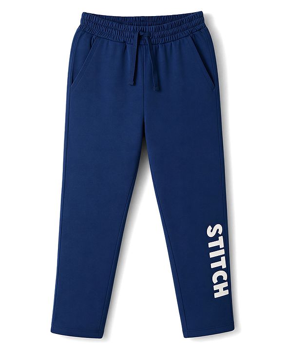 Pine Kids Disney Knit Full Sleeves T-Shirt & Pyjama Night Suit With Stitch Graphic - Navy Blue