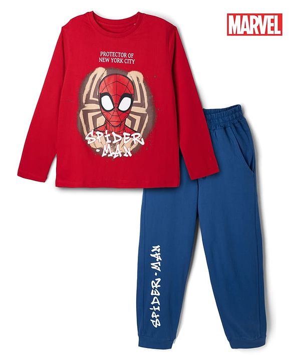 Pine Kids Marvel Single Jersey Knit Full Sleeves T-Shirt & Pyjama Night Suit Set With Spider Man Graphic &Text Print - Red & Blue