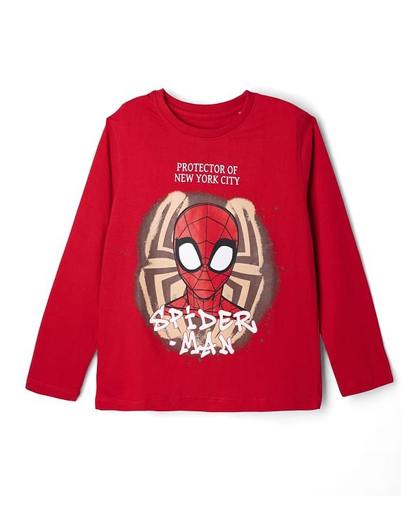 Pine Kids Marvel Single Jersey Knit Full Sleeves T-Shirt & Pyjama Night Suit Set With Spider Man Graphic &Text Print - Red & Blue