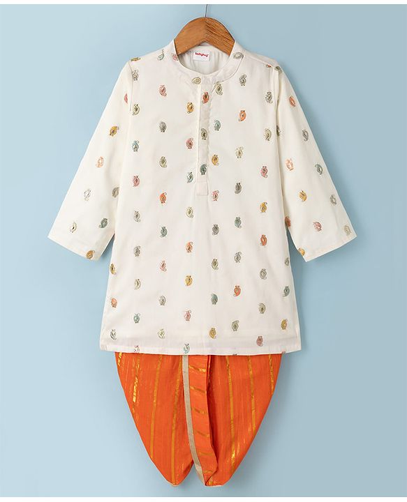 Babyhug Georgett Woven Full Sleeves Embroidered Kurta & Dhoti Set - White