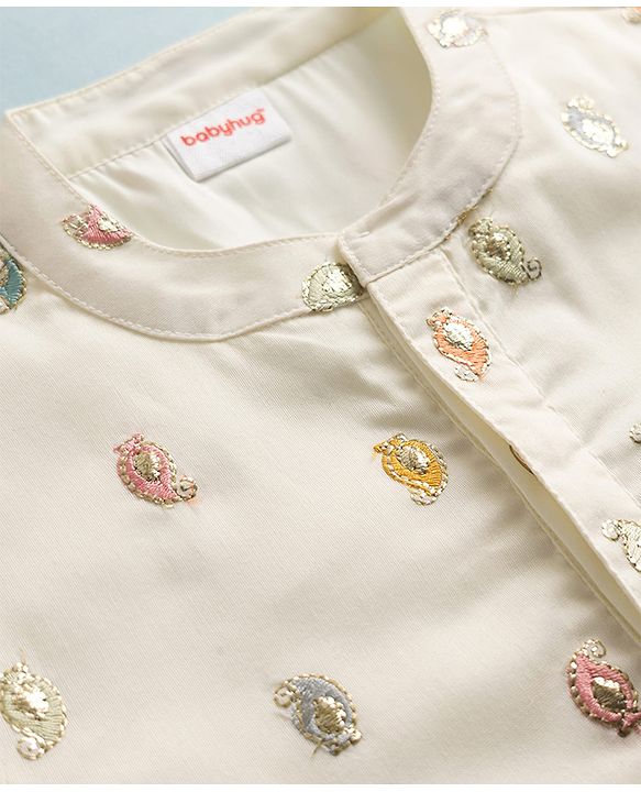 Babyhug Georgett Woven Full Sleeves Embroidered Kurta & Dhoti Set - White