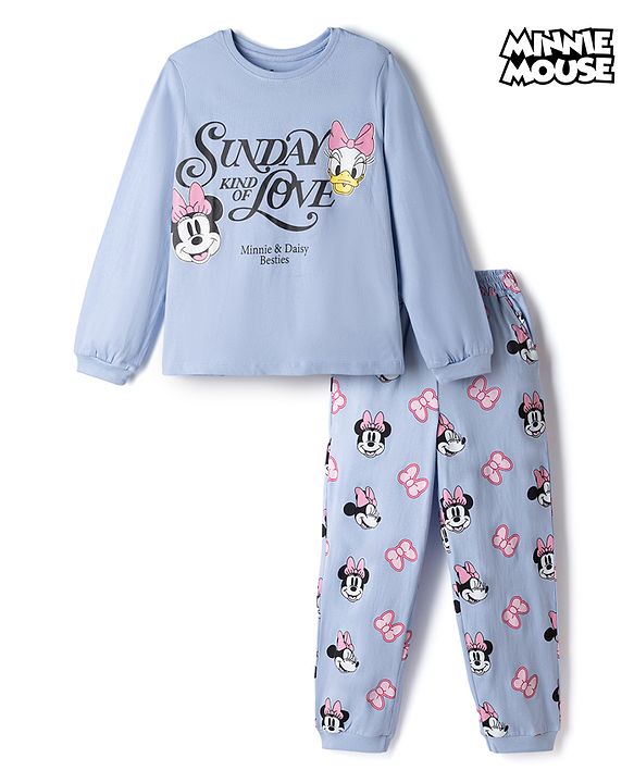 Pine Kids Disney Single Jersey Knit Full Sleeves T-Shirt & Pyjama Night Suit with Minnie & Daisy Graphics - Sky Blue