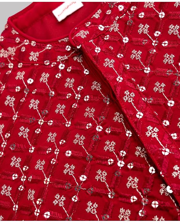Babyhug Georgette Woven Full Sleeves Kurta and Pyjama Set with Full Length and Floral Embroidery With Sequin in Red