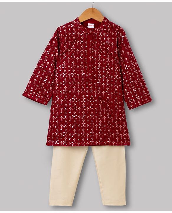 Babyhug Georgette Woven Full Sleeves Kurta and Pyjama Set with Full Length and Floral Embroidery With Sequin in Red