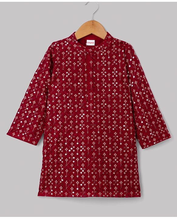 Babyhug Georgette Woven Full Sleeves Kurta and Pyjama Set with Full Length and Floral Embroidery With Sequin in Red