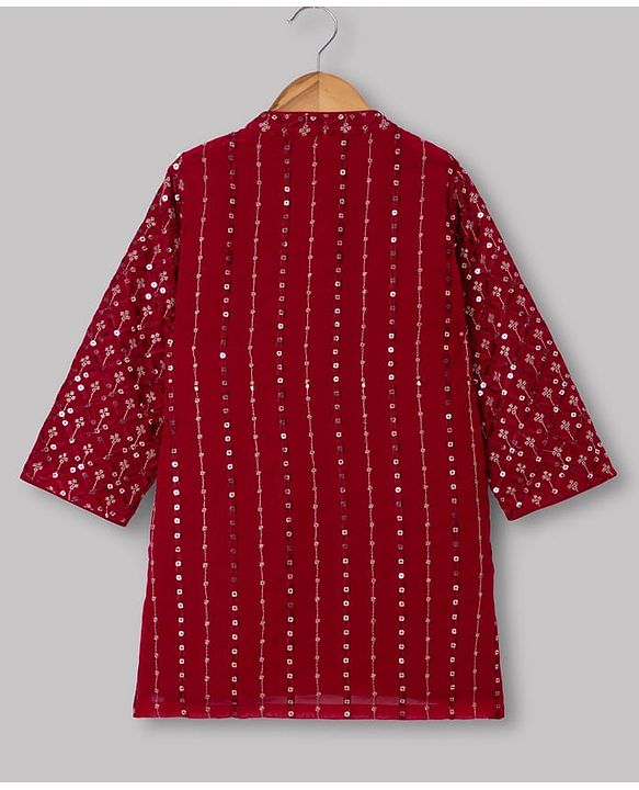 Babyhug Georgette Woven Full Sleeves Kurta and Pyjama Set with Full Length and Floral Embroidery With Sequin in Red