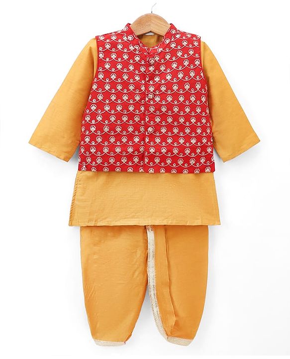 Babyhug Woven Full Sleeves Kurta & Dhoti Set With Embroidered Jacket - Mustard