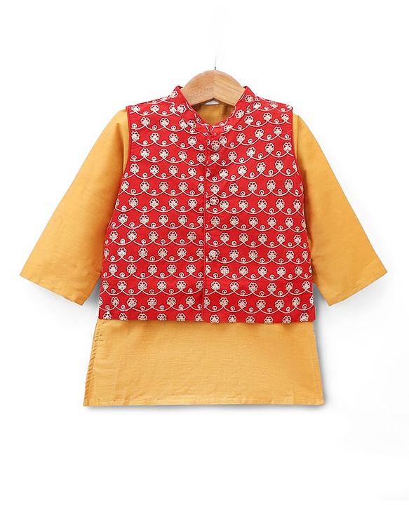 Babyhug Woven Full Sleeves Kurta & Dhoti Set With Embroidered Jacket - Mustard