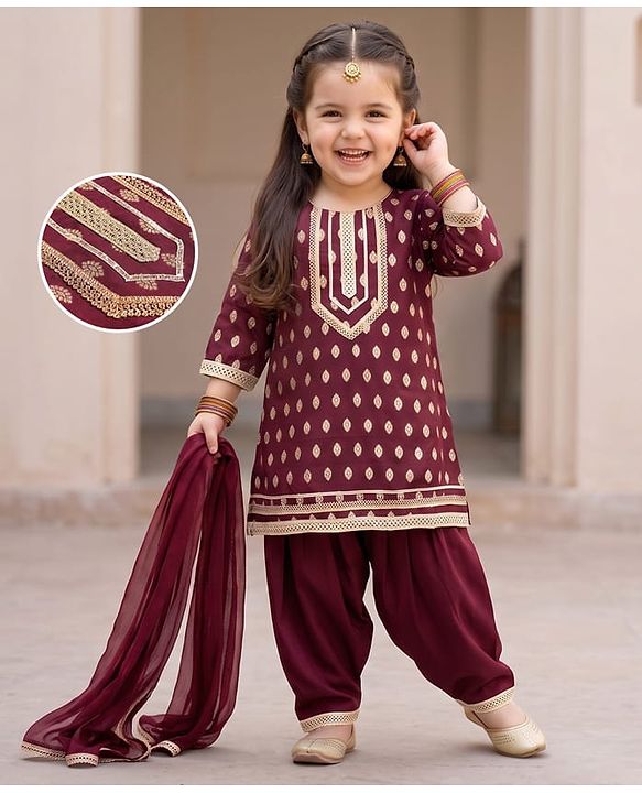Babyhug Brocade Woven Three Fourth Sleeves Lace Detailing & Zari Work Kurti Salwar and Dupatta Set - Wine