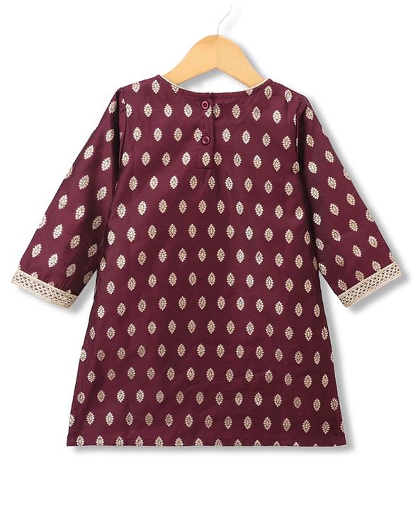 Babyhug Brocade Woven Three Fourth Sleeves Lace Detailing & Zari Work Kurti Salwar and Dupatta Set - Wine