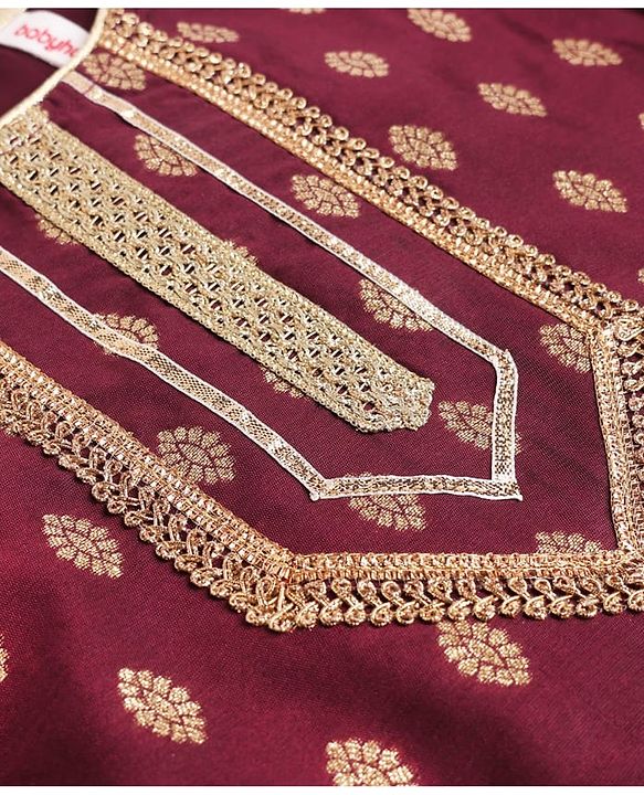 Babyhug Brocade Woven Three Fourth Sleeves Lace Detailing & Zari Work Kurti Salwar and Dupatta Set - Wine