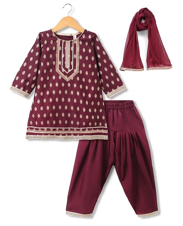 Babyhug Brocade Woven Three Fourth Sleeves Lace Detailing & Zari Work Kurti Salwar and Dupatta Set - Wine
