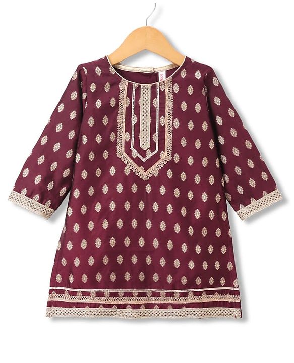 Babyhug Brocade Woven Three Fourth Sleeves Lace Detailing & Zari Work Kurti Salwar and Dupatta Set - Wine