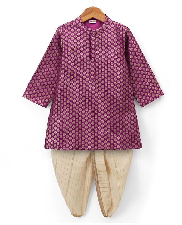 Babyhug Brocade Woven Full Sleeves Printed Kurta & Dhoti Set - Purple
