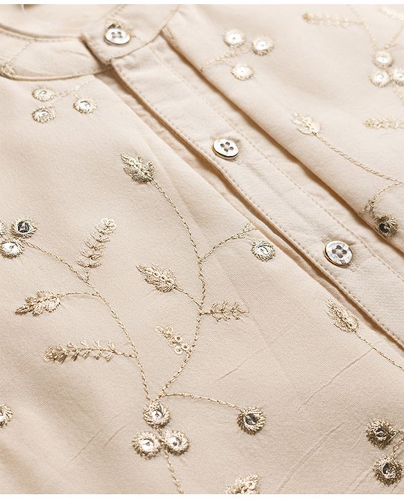 Babyhug Cotton Blend Woven Kurta Pyjama Set and Jacket with Full Sleeves and Vines Embroidery in Beige