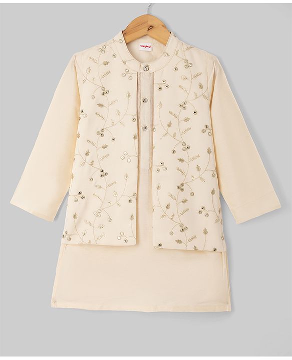 Babyhug Cotton Blend Woven Kurta Pyjama Set and Jacket with Full Sleeves and Vines Embroidery in Beige
