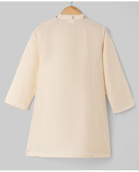 Babyhug Cotton Blend Woven Kurta Pyjama Set and Jacket with Full Sleeves and Vines Embroidery in Beige