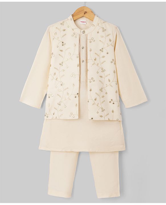 Babyhug Cotton Blend Woven Kurta Pyjama Set and Jacket with Full Sleeves and Vines Embroidery in Beige