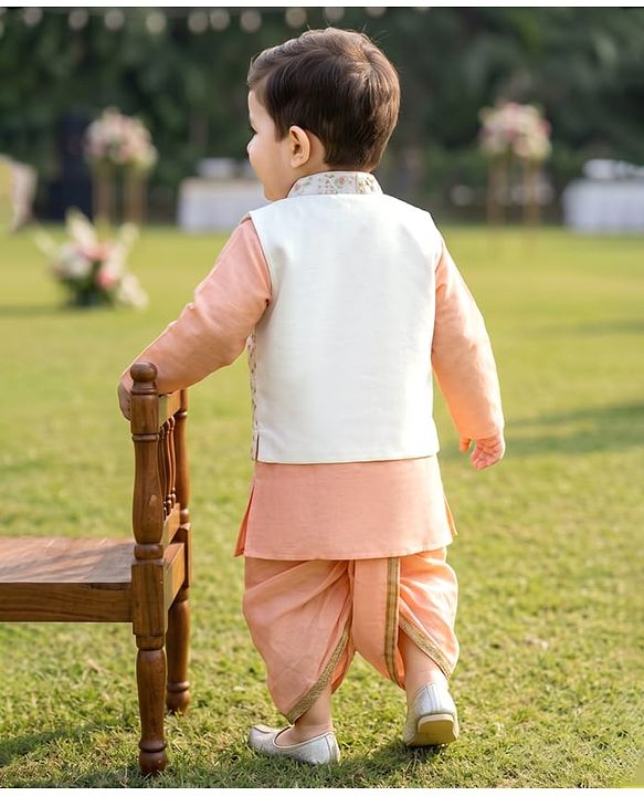 Babyhug Woven Full Sleeves Kurta Dhoti Set and Jacket with Floral Grid Embroidery - Peach