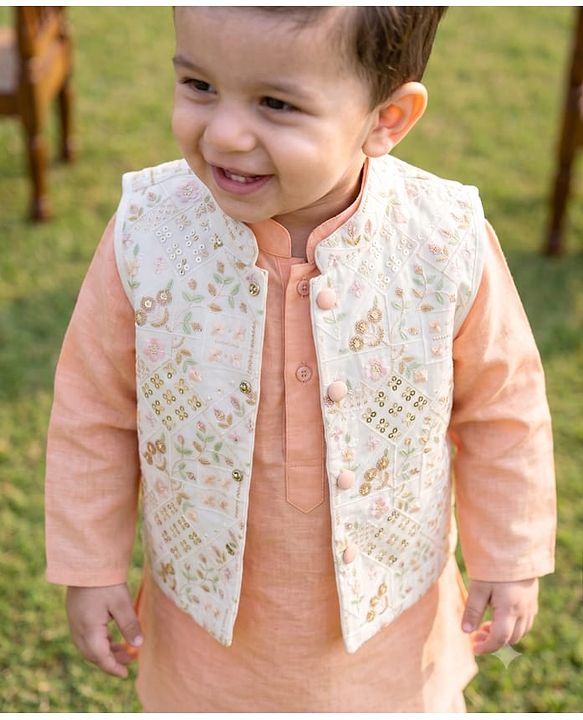 Babyhug Woven Full Sleeves Kurta Dhoti Set and Jacket with Floral Grid Embroidery - Peach