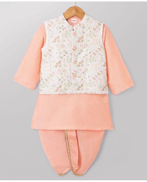 Babyhug Woven Full Sleeves Kurta Dhoti Set and Jacket with Floral Grid Embroidery - Peach