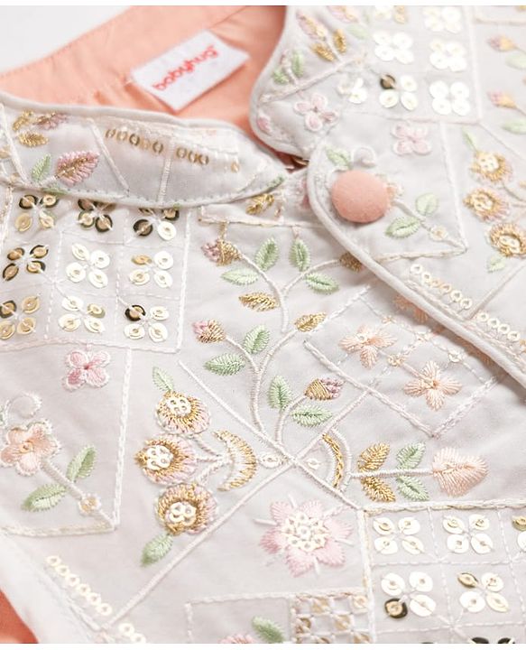 Babyhug Woven Full Sleeves Kurta Dhoti Set and Jacket with Floral Grid Embroidery - Peach