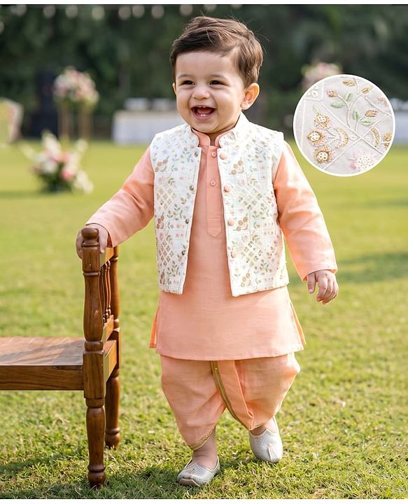 Babyhug Woven Full Sleeves Kurta Dhoti Set and Jacket with Floral Grid Embroidery - Peach