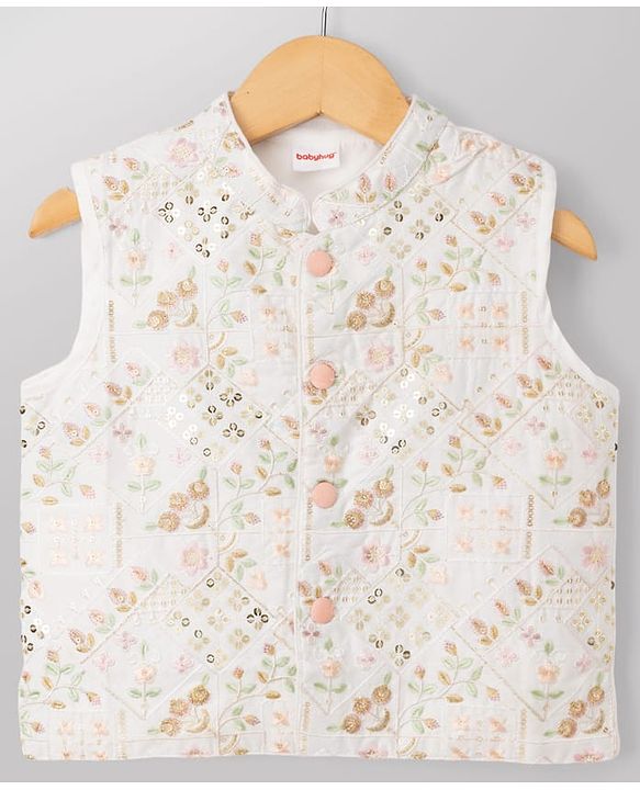 Babyhug Woven Full Sleeves Kurta Dhoti Set and Jacket with Floral Grid Embroidery - Peach