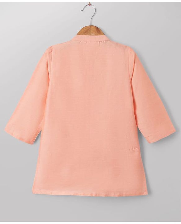 Babyhug Woven Full Sleeves Kurta Dhoti Set and Jacket with Floral Grid Embroidery - Peach