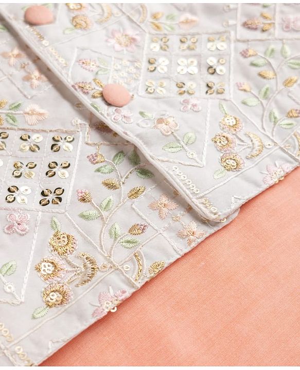 Babyhug Woven Full Sleeves Kurta Dhoti Set and Jacket with Floral Grid Embroidery - Peach