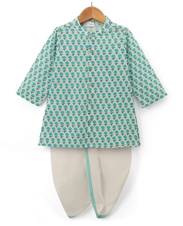 Babyhug 100% Cotton Cambric Woven Full Sleeves Kurta Dhoti Set with Flower Print - Sea Green