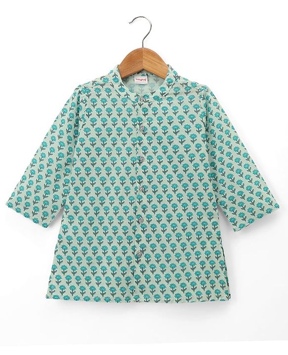 Babyhug 100% Cotton Cambric Woven Full Sleeves Kurta Dhoti Set with Flower Print - Sea Green