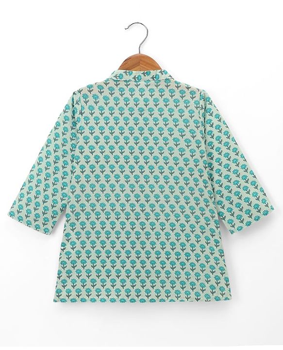 Babyhug 100% Cotton Cambric Woven Full Sleeves Kurta Dhoti Set with Flower Print - Sea Green
