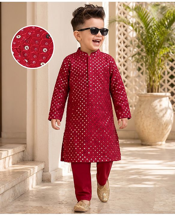 Babyhug Georgette Woven Full Length Kurta Pyjama Set with Full Sleeves and Sequins Embroidery in Wine