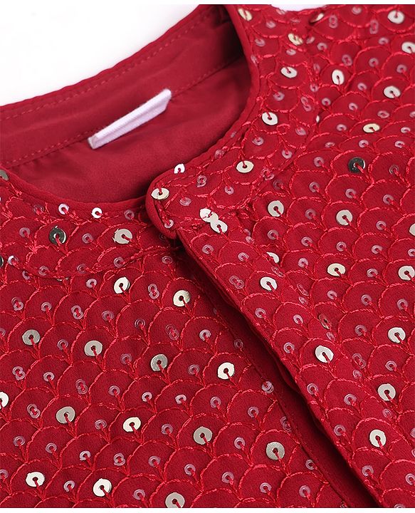 Babyhug Georgette Woven Full Length Kurta Pyjama Set with Full Sleeves and Sequins Embroidery in Wine