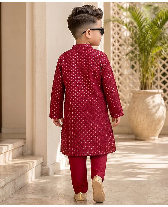 Babyhug Georgette Woven Full Length Kurta Pyjama Set with Full Sleeves and Sequins Embroidery in Wine