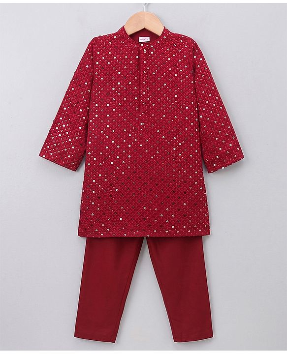Babyhug Georgette Woven Full Length Kurta Pyjama Set with Full Sleeves and Sequins Embroidery in Wine