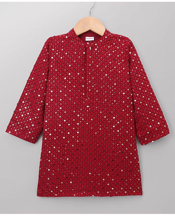 Babyhug Georgette Woven Full Length Kurta Pyjama Set with Full Sleeves and Sequins Embroidery in Wine