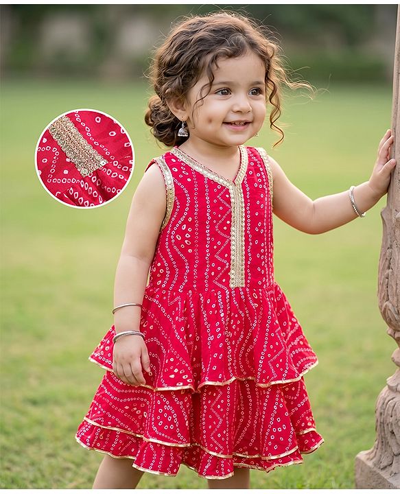Babyhug Cambric Woven Ethnic Dress with Sleeveless and Bandhani Pattern Print in Fuchsia for New born