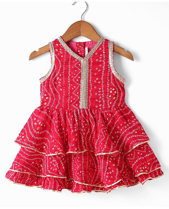 Babyhug Cambric Woven Ethnic Dress with Sleeveless and Bandhani Pattern Print in Fuchsia for New born