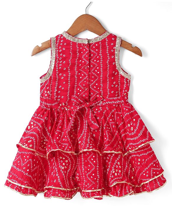 Babyhug Cambric Woven Ethnic Dress with Sleeveless and Bandhani Pattern Print in Fuchsia for New born