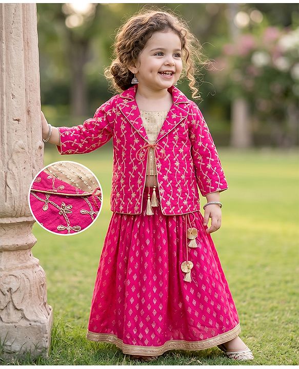 Babyhug 100% Cotton Woven Three-Fourth Sleeves Jacket With Sequinned Choli & Lehenga Set - Fuchsia