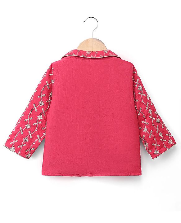 Babyhug 100% Cotton Woven Three-Fourth Sleeves Jacket With Sequinned Choli & Lehenga Set - Fuchsia