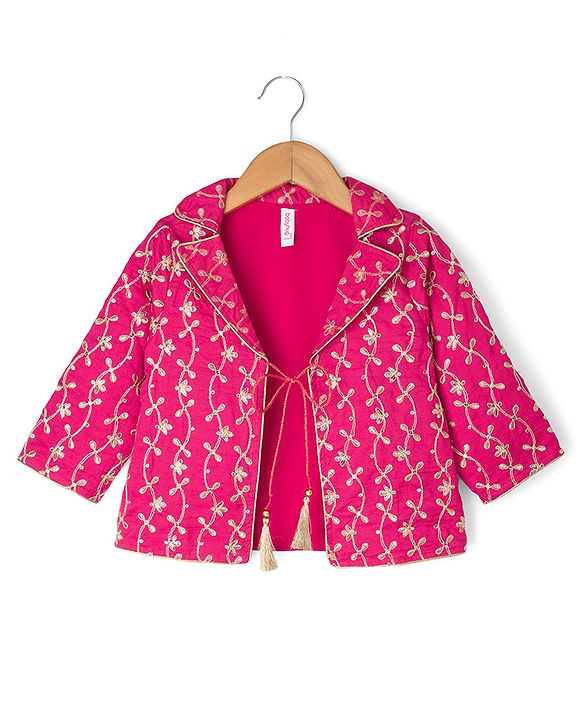Babyhug 100% Cotton Woven Three-Fourth Sleeves Jacket With Sequinned Choli & Lehenga Set - Fuchsia