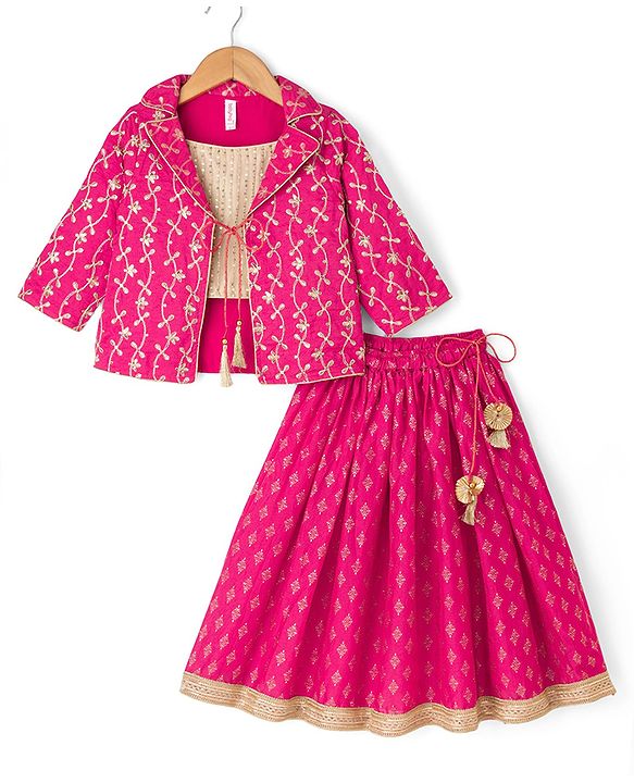 Babyhug 100% Cotton Woven Three-Fourth Sleeves Jacket With Sequinned Choli & Lehenga Set - Fuchsia