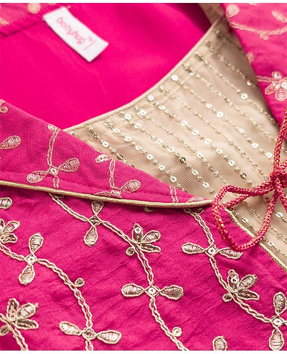 Babyhug 100% Cotton Woven Three-Fourth Sleeves Jacket With Sequinned Choli & Lehenga Set - Fuchsia