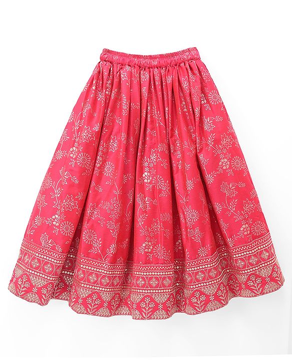 Babyhug Brocade Woven Flared Full Sleeves Embroidered Choli & Floral Printed Lehenga Set With Dupatta - Dark Pink